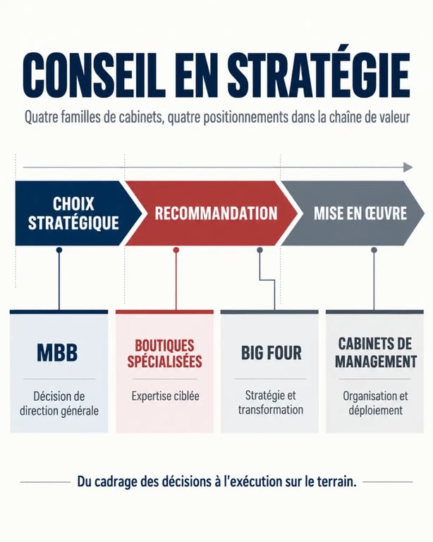 Infographie sur le conseil en stratégie et les familles de cabinets