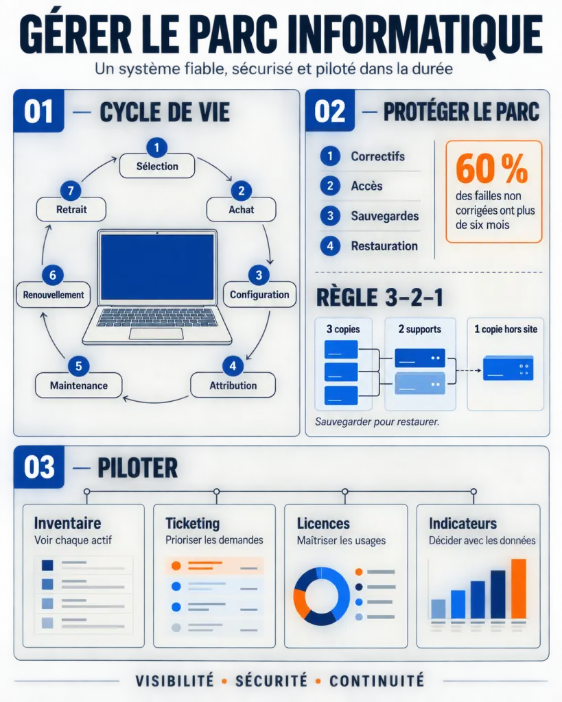 Infographie sur la gestion du parc informatique d'une entreprise, son cycle de vie et ses priorités de sécurité