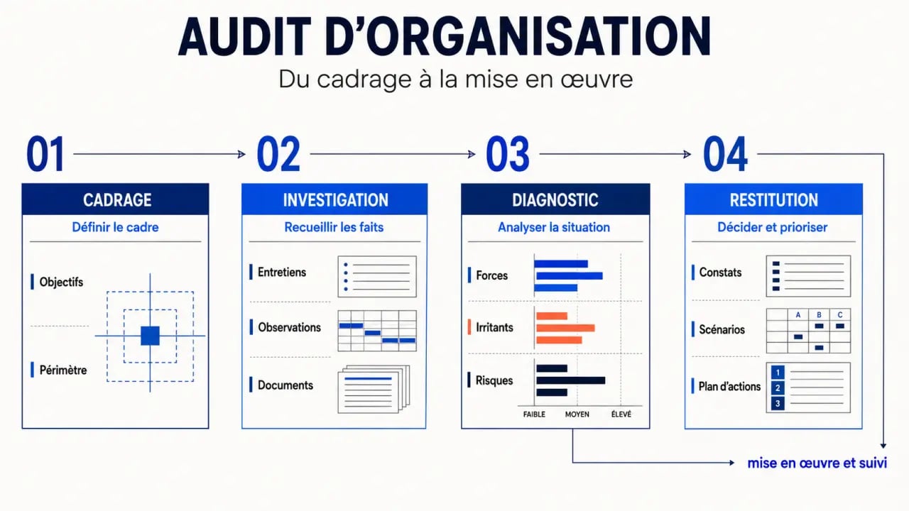 Infographie du déroulé d’un audit d’organisation, du cadrage au plan d’actions