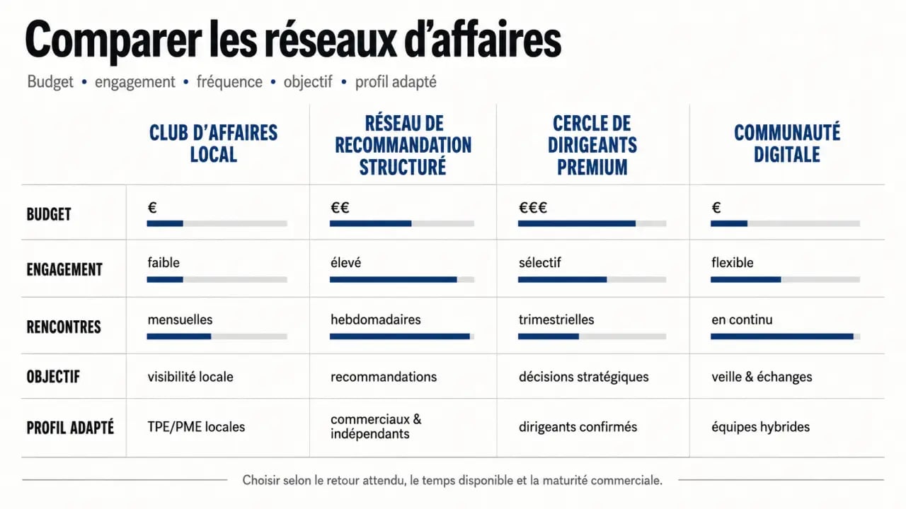 Comment choisir le bon réseau d'affaires pour son entreprise : comparaison visuelle des formats selon budget, engagement et objectifs