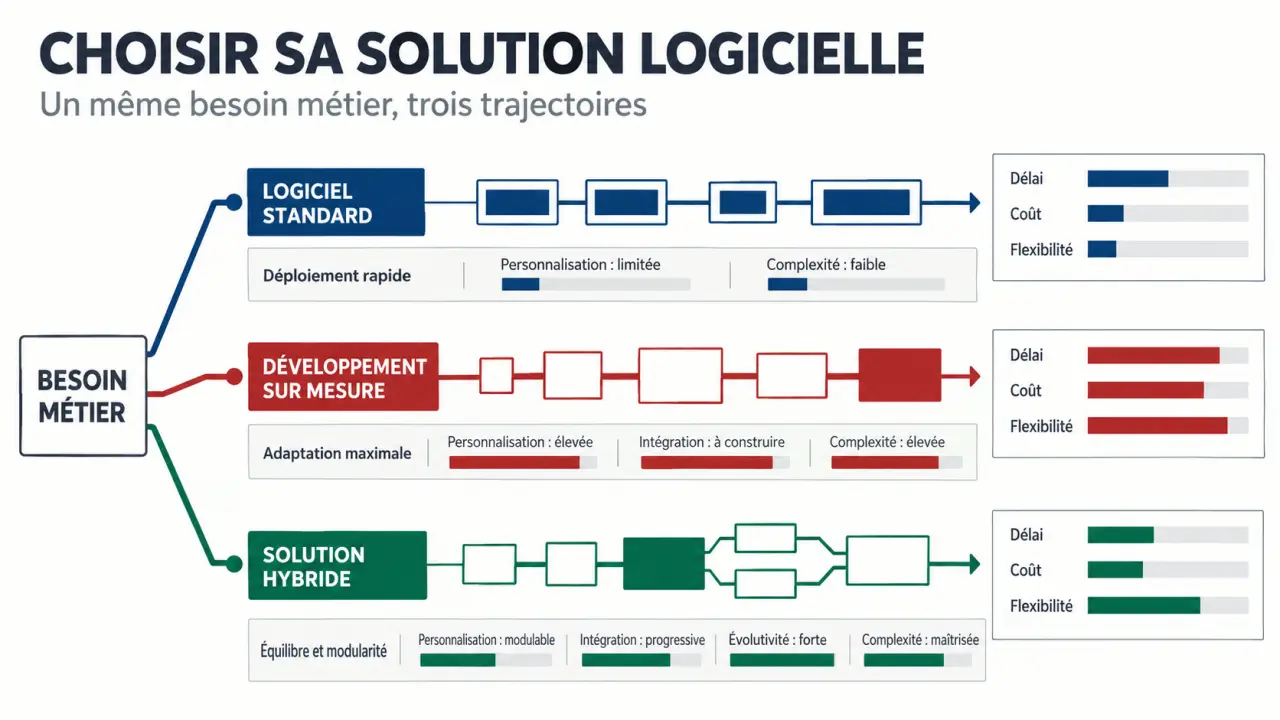 Infographie comparative sur le logiciel entreprise sur mesure, le logiciel standard et la solution hybride