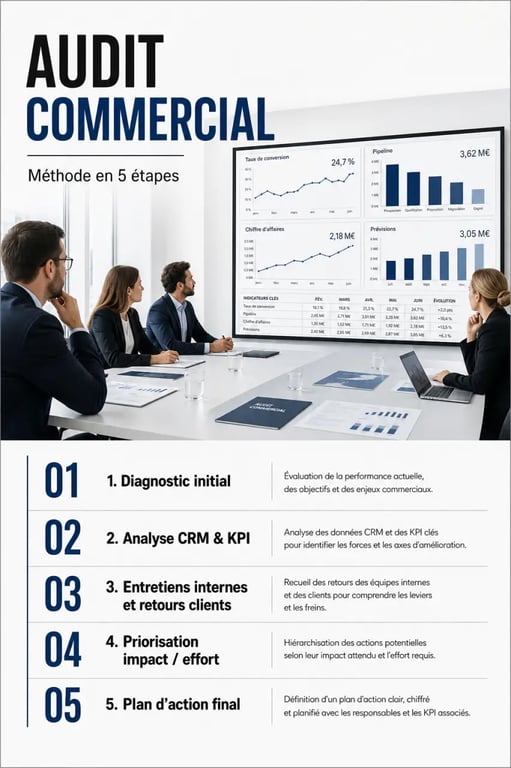Audit commercial : schéma éditorial de la méthode en 5 étapes avec diagnostic, KPI et plan d’action