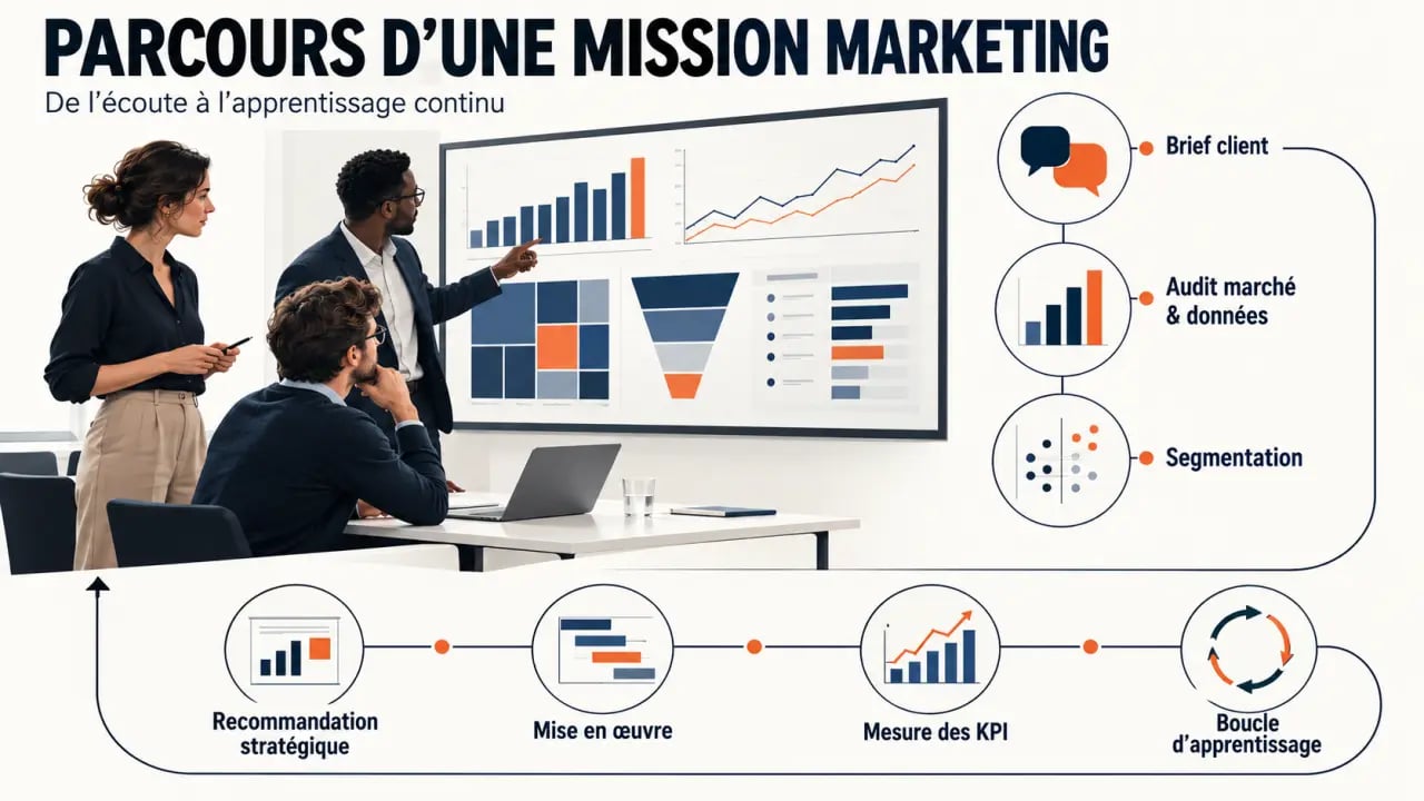 Infographie du parcours d’une mission de consultant marketing, du diagnostic au suivi des KPI
