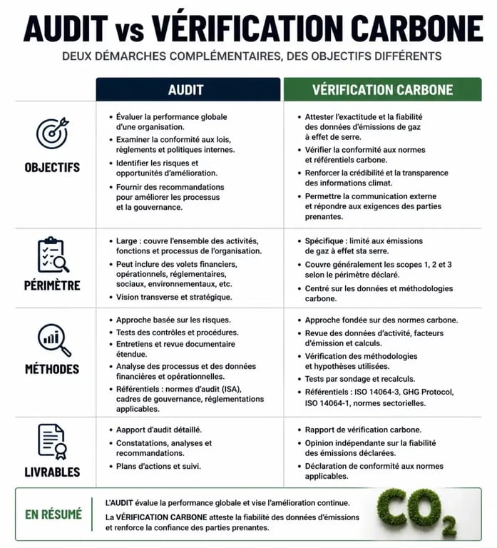 Tableau comparatif audit bilan carbone et vérification externe pour la conformité