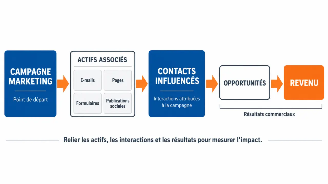 Schéma HubSpot gestion campagnes reportings entreprise reliant campagne, actifs, contacts influencés et revenu
