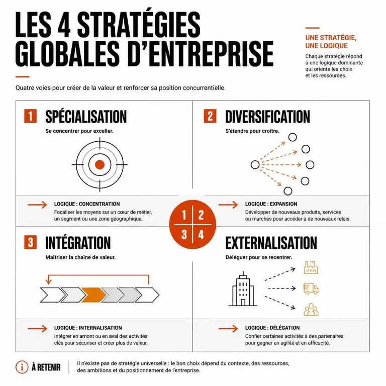 Infographie des 4 stratégies globales : spécialisation, diversification, intégration, externalisation