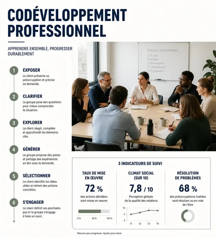 Codéveloppement professionnel : visuel éditorial du processus en six étapes et des indicateurs de suivi