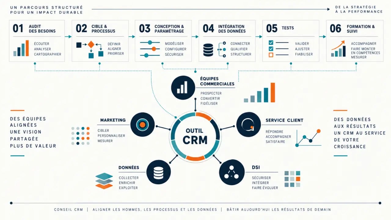Schéma des étapes d’une mission de consultant CRM, de l’audit au suivi