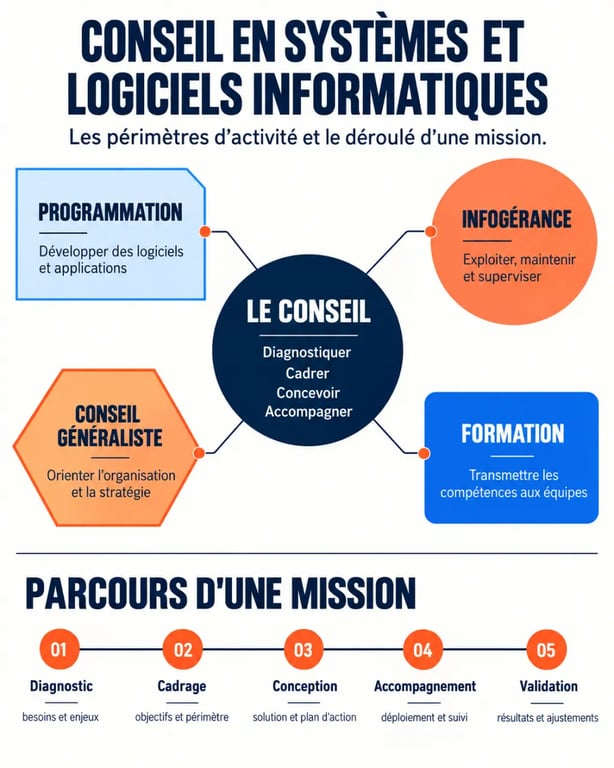 Infographie sur le conseil en systèmes et logiciels informatiques et ses principales missions