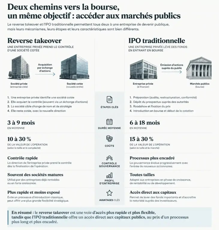Comparatif reverse takeover vs IPO pour comprendre les différences de délai et de coût