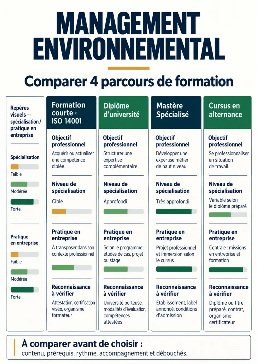 Infographie des parcours de formation management environnemental et de leurs reconnaissances