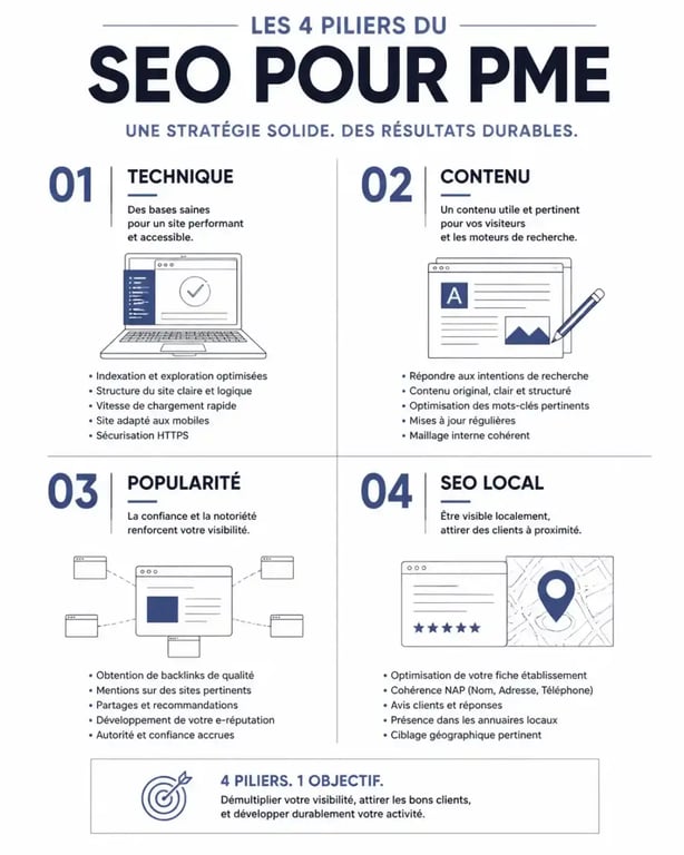 Les 4 piliers d'une stratégie SEO pour PME : technique, contenu, netlinking et référencement local