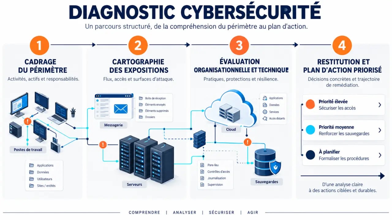 Schéma des quatre étapes d’un diagnostic cybersécurité : cadrage, analyse, évaluation et plan d’action